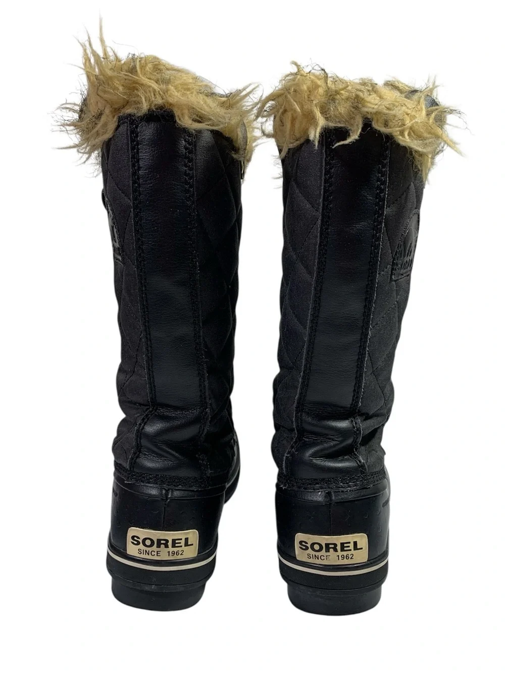 Sorel Tofino Canvas Winter Waterproof Lace Up Black Boots Faux Fur TanTrim 9.5